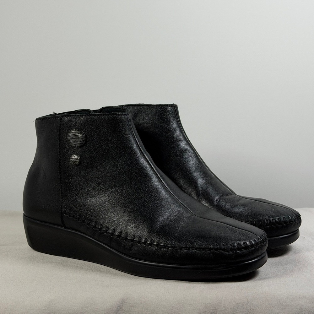 SAS Womens Jade Black Leather Wedge Ankle Boots Moc Toe Zip Womens 9 W